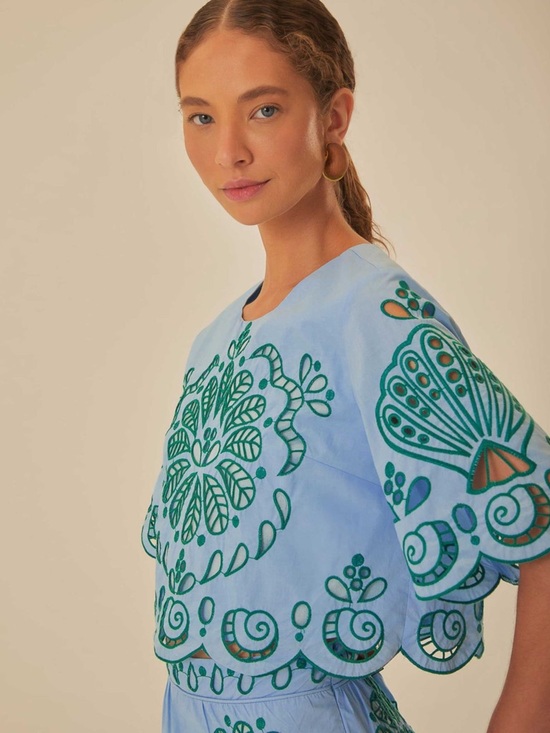 FARM Rio Tops - Farm Rio Light Blue And Green Graphic Richelieu Crop Top